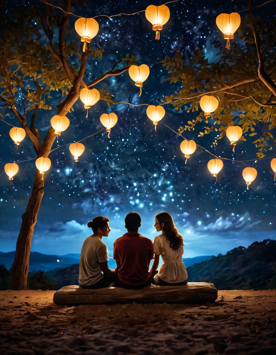 A couple sitting closely together under a starlit sky, sharing a heartfelt conversation, surrounded by glowing lanterns and soft, romantic lighting. The scene captures the essence of deep emotional connections, with symbols of love like hearts and intertwined hands subtly woven into the background. Their expressions are filled with warmth and intimacy, inviting the viewer to feel the bond they share. Magical and serene atmosphere. vibrant colors. soft focus.