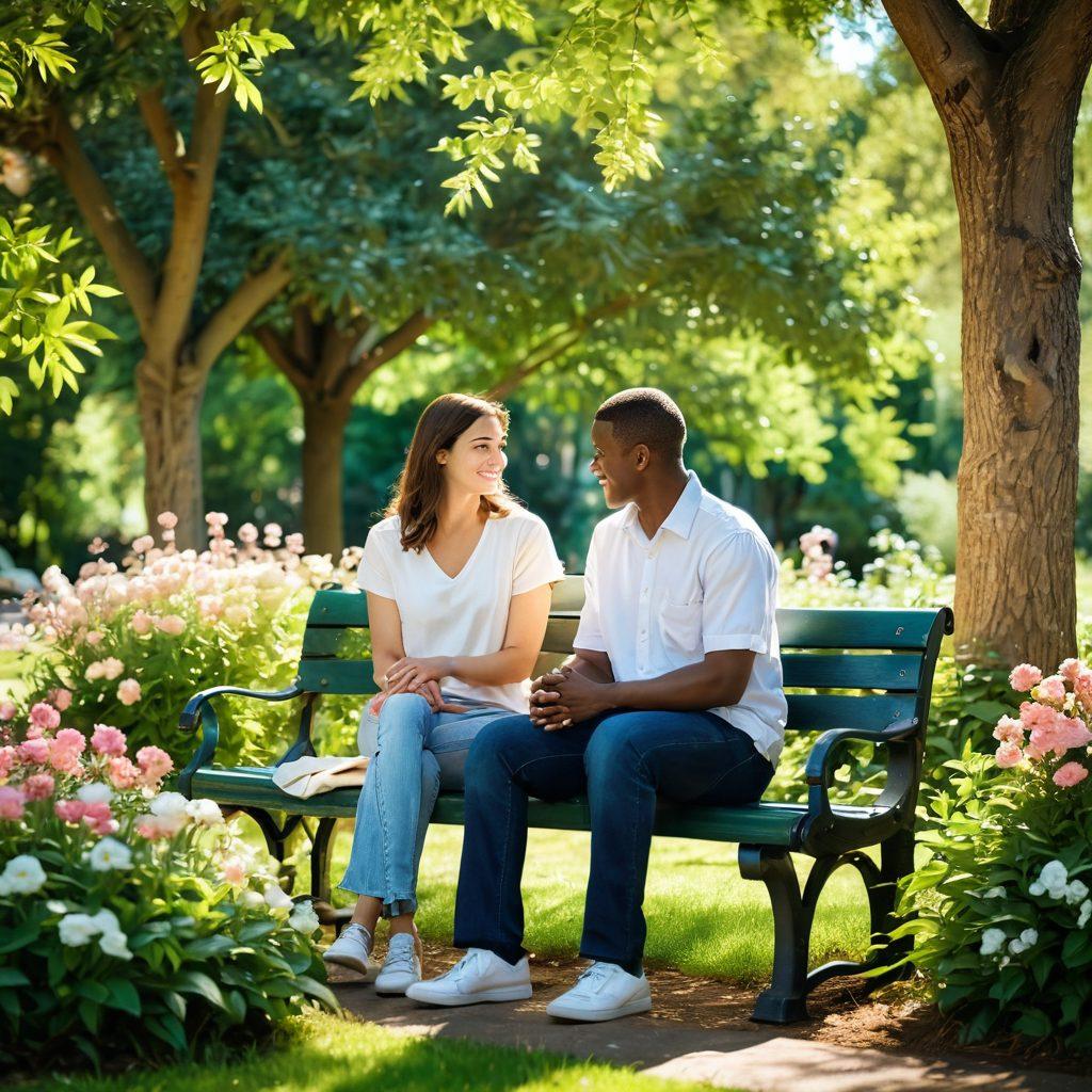 A serene scene of two people sitting on a park bench, sharing a heartfelt conversation, surrounded by blooming flowers and gentle sunlight. The atmosphere should convey warmth and connection, featuring soft smiles and the subtle touch of hands. Include a backdrop of lush greenery and dappled sunlight filtering through trees. super-realistic. vibrant colors. soft focus.