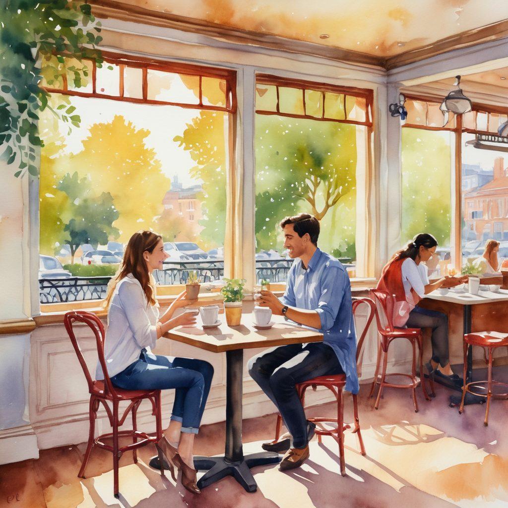 A warm, inviting scene showcasing a diverse group of people in various settings where networking occurs—coffee shops, offices, and parks—fluidly transitioning into romantic moments, like shared laughter and gentle touches. Include connecting symbols like intertwined hearts and bridge motifs to represent transformation. Soft lighting with a dream-like quality enhances the atmosphere. watercolor painting style. vibrant colors.